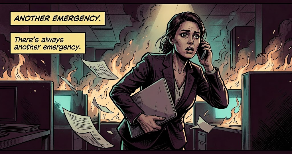 Comic book illustration of a frantic female business professional running through a burning office, phone to her ear and laptop under her arm, representing the Firefighter marketing archetype from Big Brain Strategy