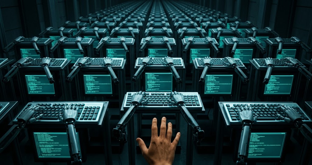 A flood of identical robotic hands typing the same content on glowing screens, representing the ai slop problem in modern marketing, with a single human hand standing apart