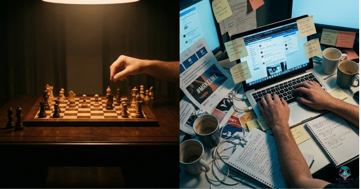 A split composition showing a chess board representing marketing strategy on one side and scattered social media icons representing marketing tactics on the other, illustrating the difference between marketing strategy vs marketing tactics