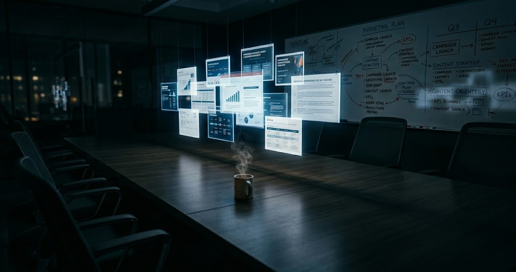 Dark digital illustration of a glowing strategy deck floating in midair with no human hands to execute it, representing the marketing execution gap in the age of AI from Big Brain Strategy