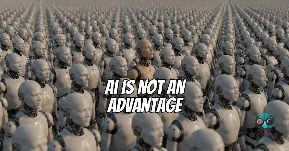 a sea of ai robots with one barely different showcasing that ai is not an advantage
