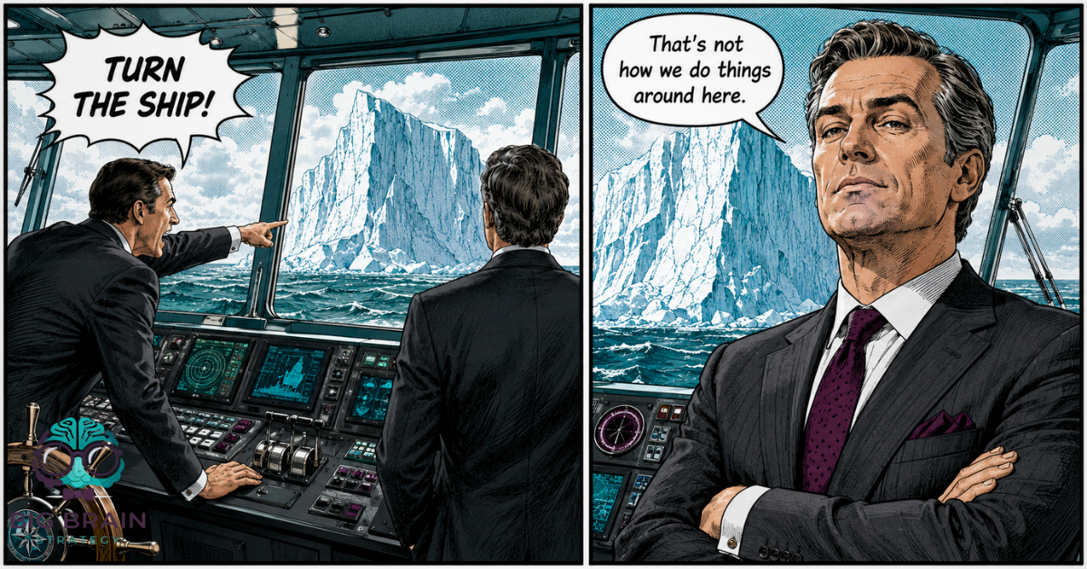 Two-panel comic showing active inertia in business: an executive yells to turn the ship from an iceberg while the other says that's not how they do things here