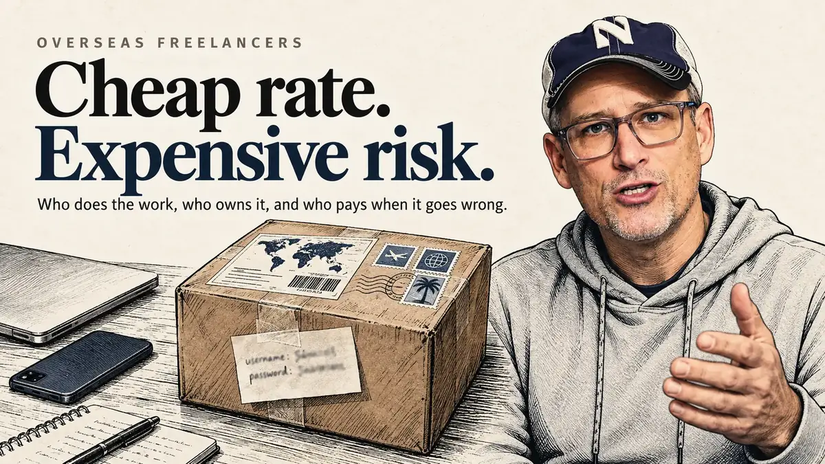 Mike Birt gestures beside a shipping box with a password note taped to it, under the headline “Cheap rate. Expensive risk.” about the risks of hiring overseas freelancers.