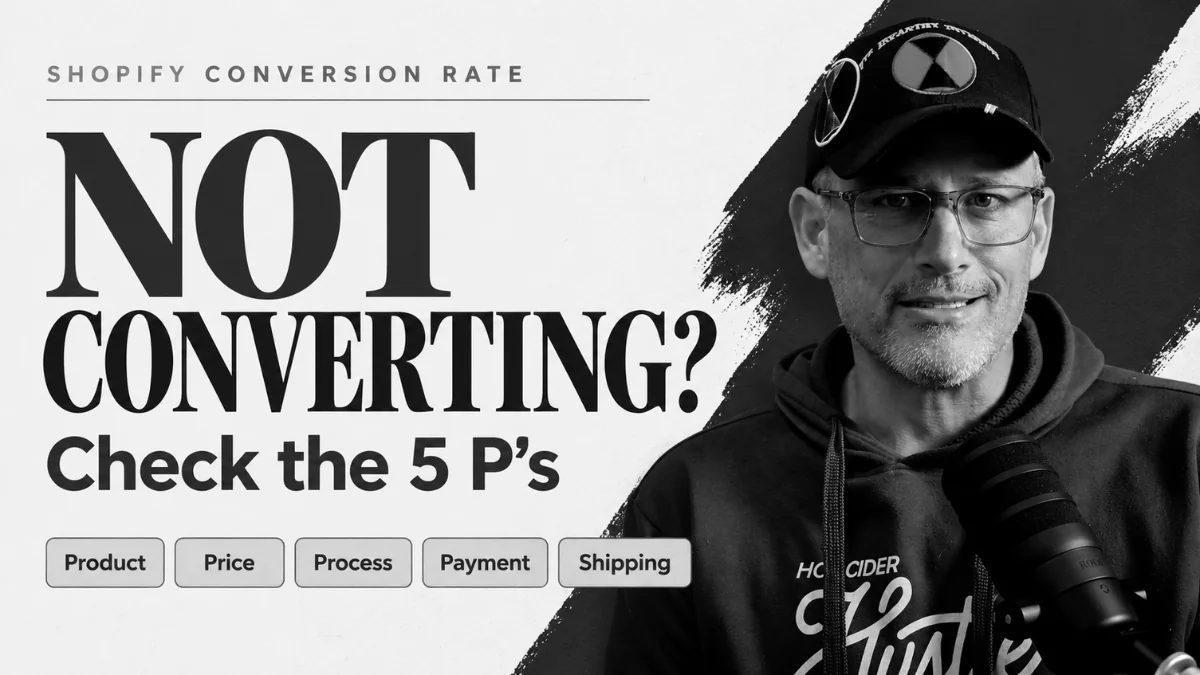 Mike Birt next to the headline “Shopify conversion rate: Not converting? Check the 5 P’s” with labels for product, price, process, payment, and shipping